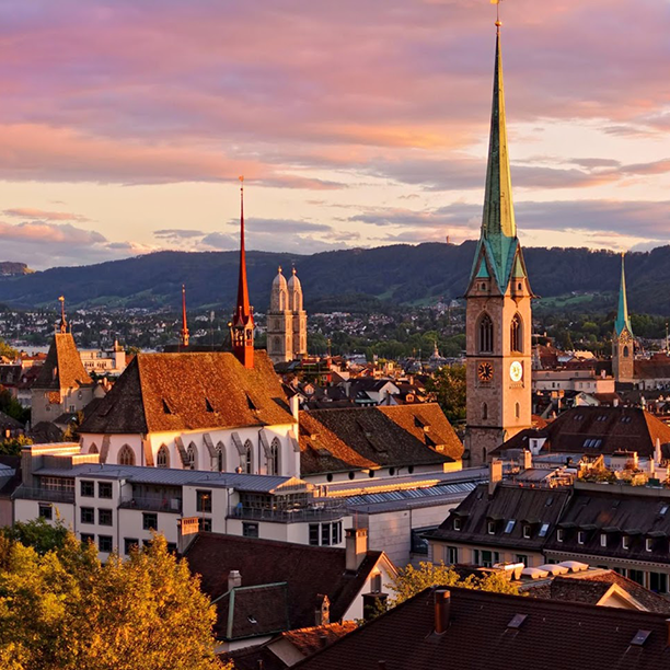 Zurich city skyline with Grossmünster and Fraumünster church towers Zurich city skyline with Grossmünster and Fraumünster church towers