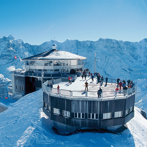 Panoramic mountain-top viewing platform in the Swiss Alps Panoramic mountain-top viewing platform in the Swiss Alps